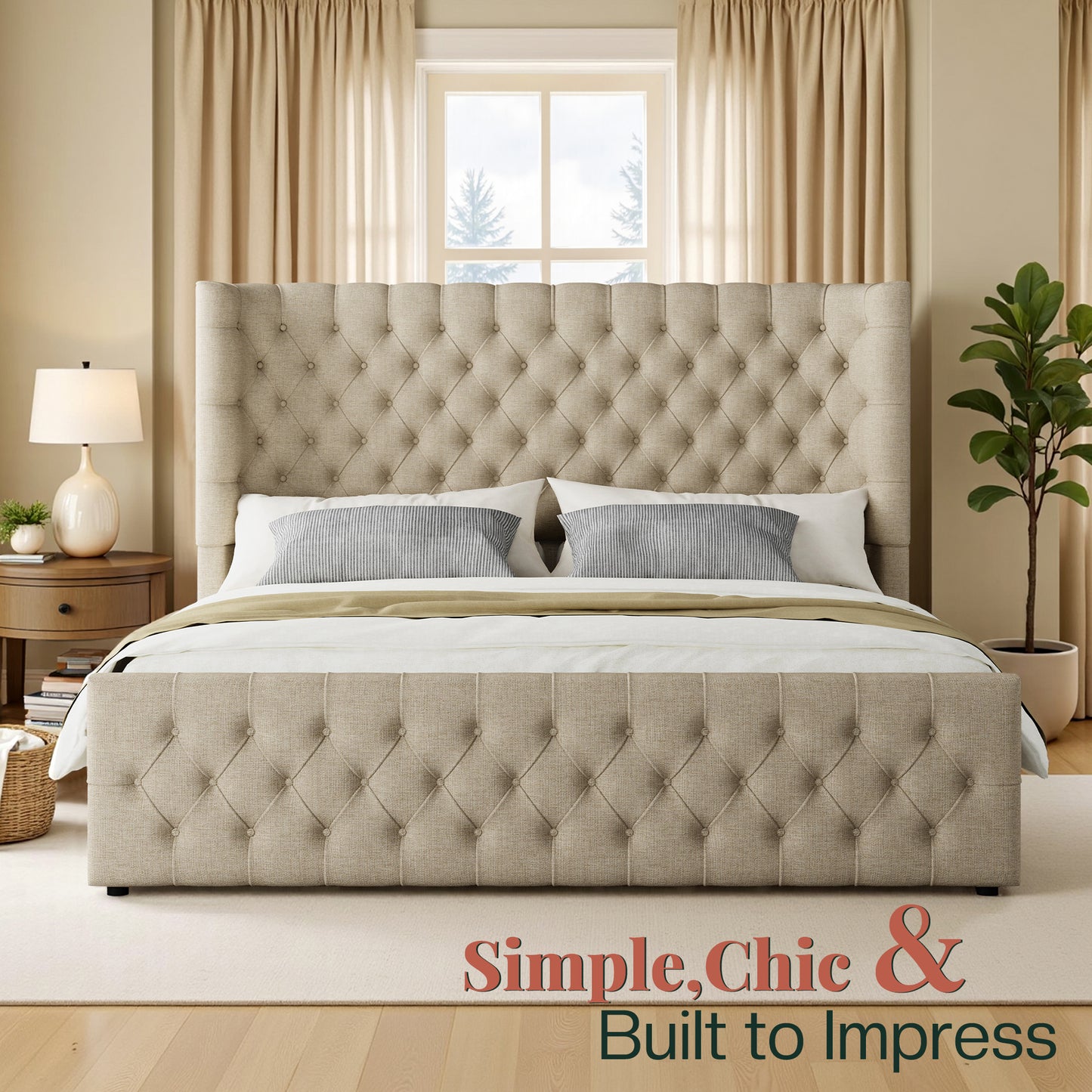 Jocisland Platform Bed Frame, 6.3" Thick Upholstered Curved Wingback Headboard and Footboard with Deep Button Tufted, Easy Assembly, No Box Spring Needed