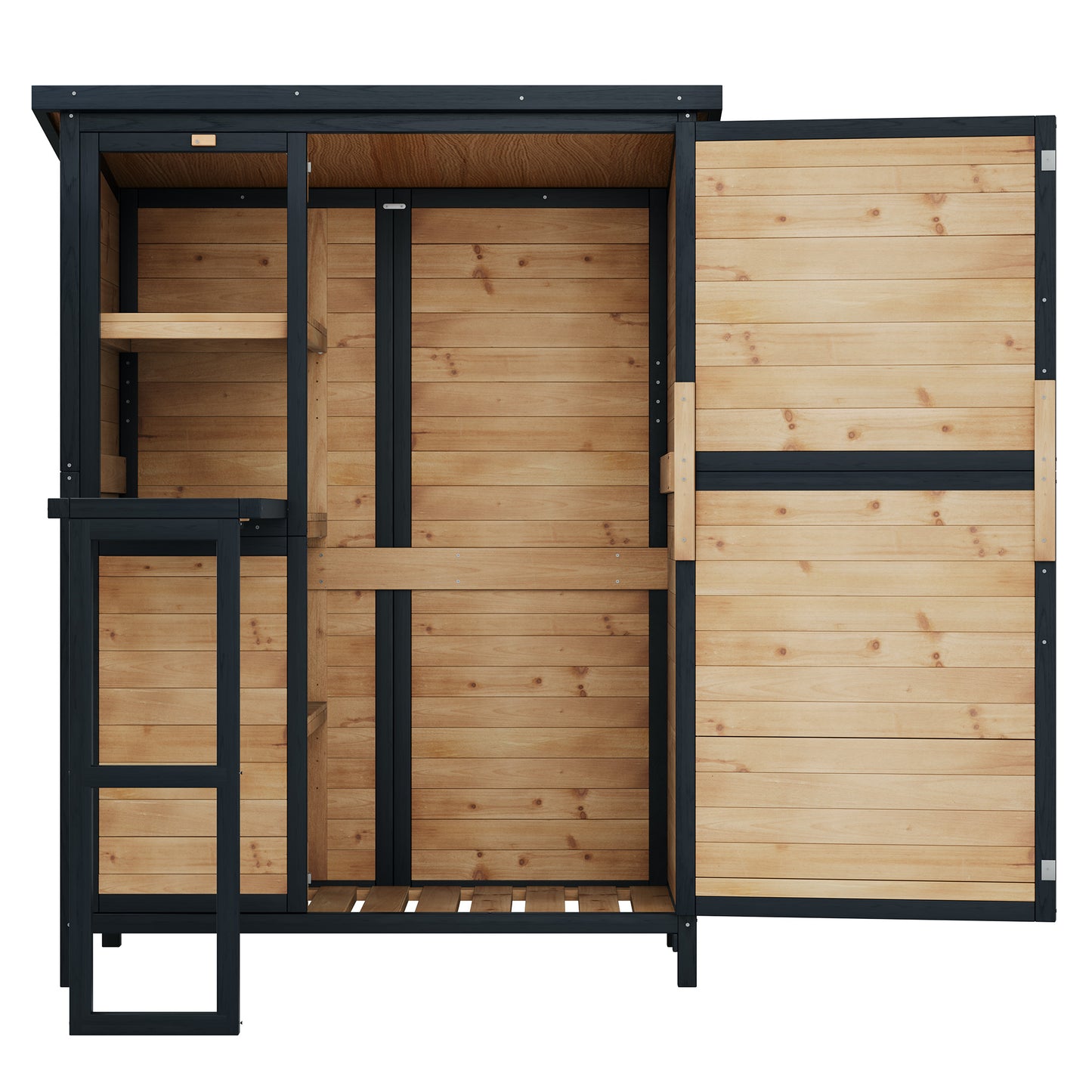 Jocisland Solid Wood Outdoor Storage Shed,Garden Tool Shed with Foldable Workbench, Adjustable Shelves,Slooping Roof,Weatherproof Utility Cabinet for Backyard,Patio&Lawn, Poolside