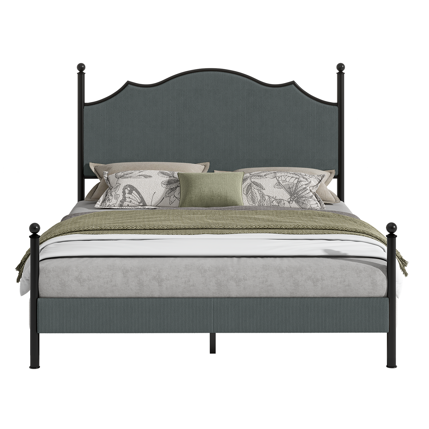 Merluxy Upholstered Full Size Bed Frame with 51.2" Tall Headboard, Metal Four Poster LED Beds for Bedroom, Easy Assembly, Wooden Slats, Grey