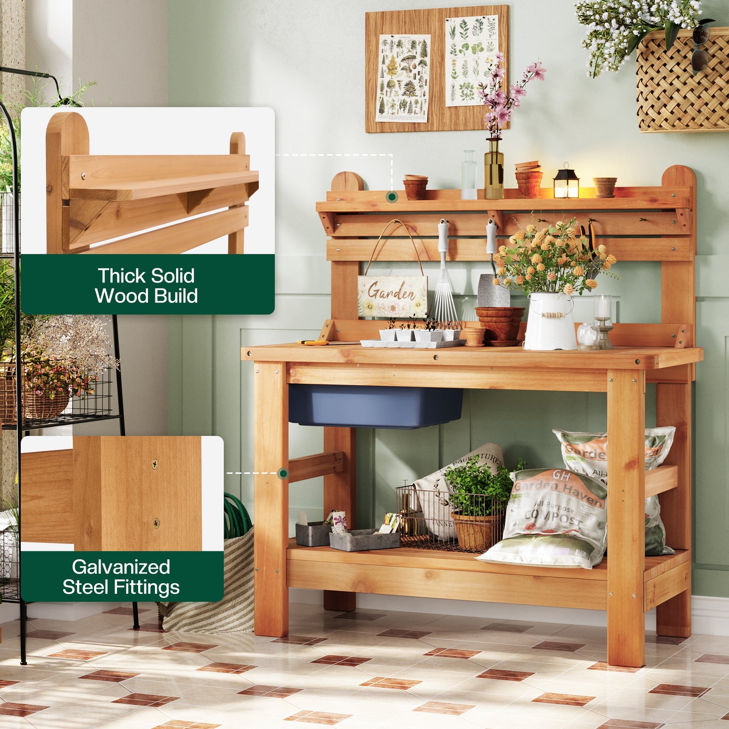 Jocisland Solid Wood Outdoor Potting Bench Table with Large Tabletop, Heavy-Duty Garden Workstation with Removable Plastic Bin, Multi-Level Storage Shelf, Easy Assembly for Patio, Yard & Gardening