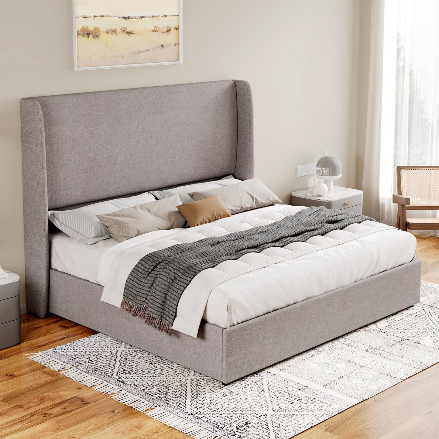 Jocisland Upholstered Platform Bed Frame with Hydraulic Lift Storage, Wingback Headboard, Wood Slats Support, No Box Spring Needed