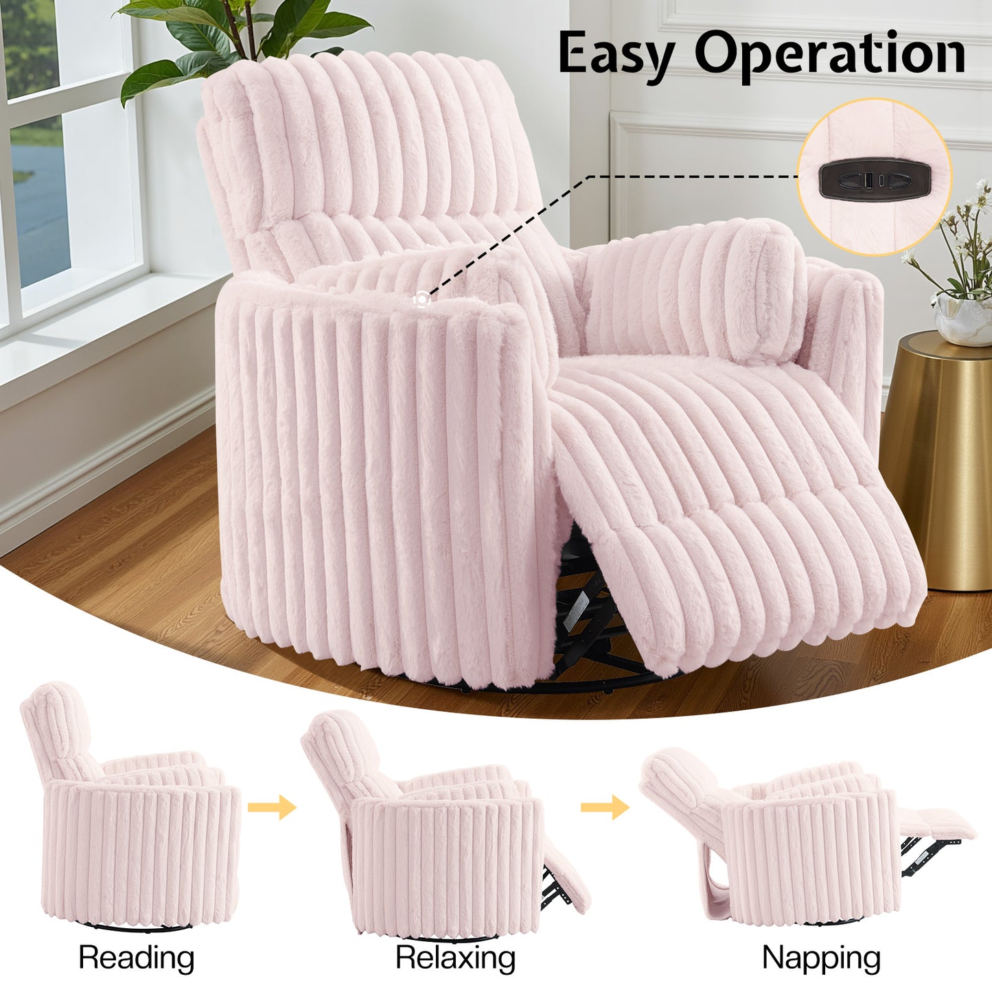 Jocisland Power Recliner Nursery Chair for Adults, Electric Swivel Rocking Glider with USB & Type-C, Soft Fabric Armchair with 2 Pillows, Cozy Reclining Sofa for Living Room, Bedroom, Light Pink
