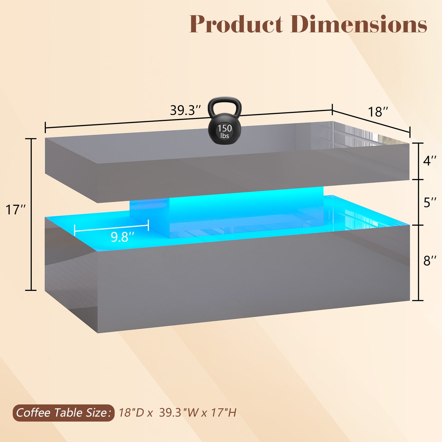 Coffee Table with LED Light, Modern High Gloss Finish Center Table with 2-Tier Storage Space, Minimalist Coffee Table for Living Room, Office, Black