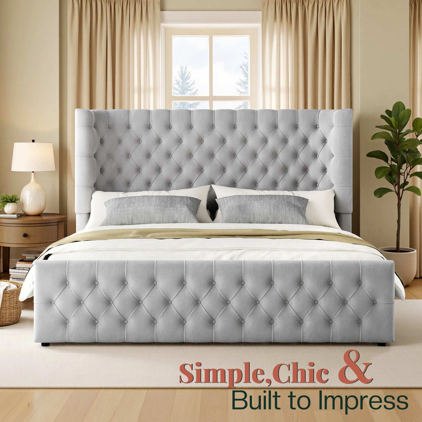 Jocisland Platform Bed Frame, 6.3" Thick Upholstered Curved Wingback Headboard and Footboard with Deep Button Tufted, Easy Assembly, No Box Spring Needed