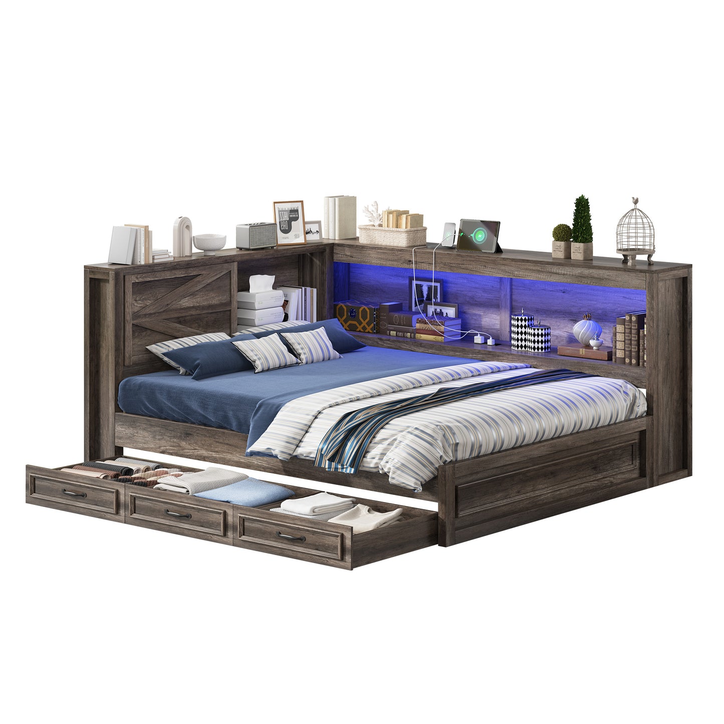 Jocisland Corner Bed Frame with Storage Drawers and Bookcase Headboard, Charging Station and Led Lights, Farmhouse Wood Daybed for Kids Teens, No Box Spring Needed