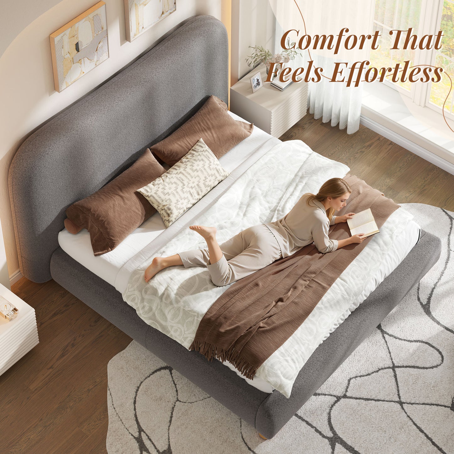 Jocisland Cloud Bed Frame, 7.1" Thick Curved Headboard, Soft Rounded Corners Kid & Pet Safe Design, Modern Upholstered Platform Bed, No Box Spring Needed, Easy Assembly