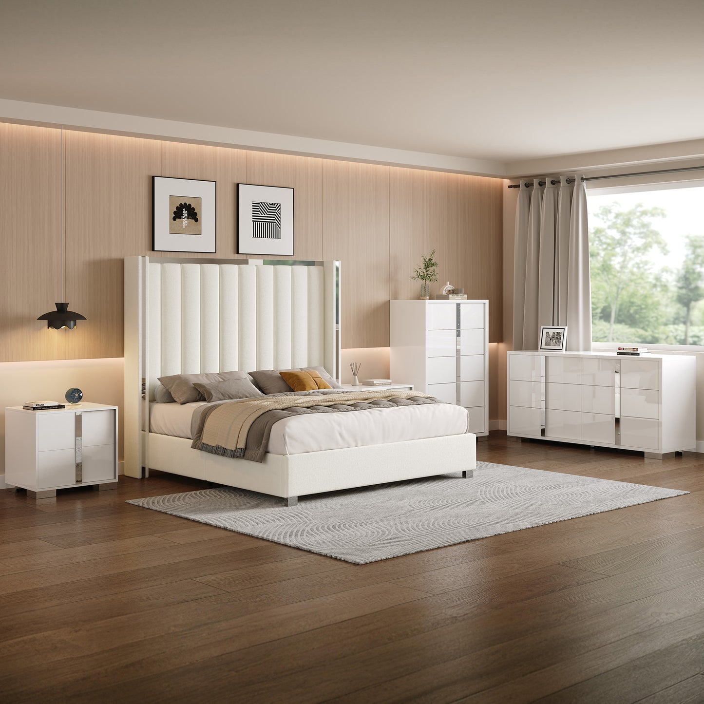 AMERLIFE 3-Piece Modern Bedroom Set Upholstered Bed Frame with 58" Wingback Headboard and 2 White Nightstands
