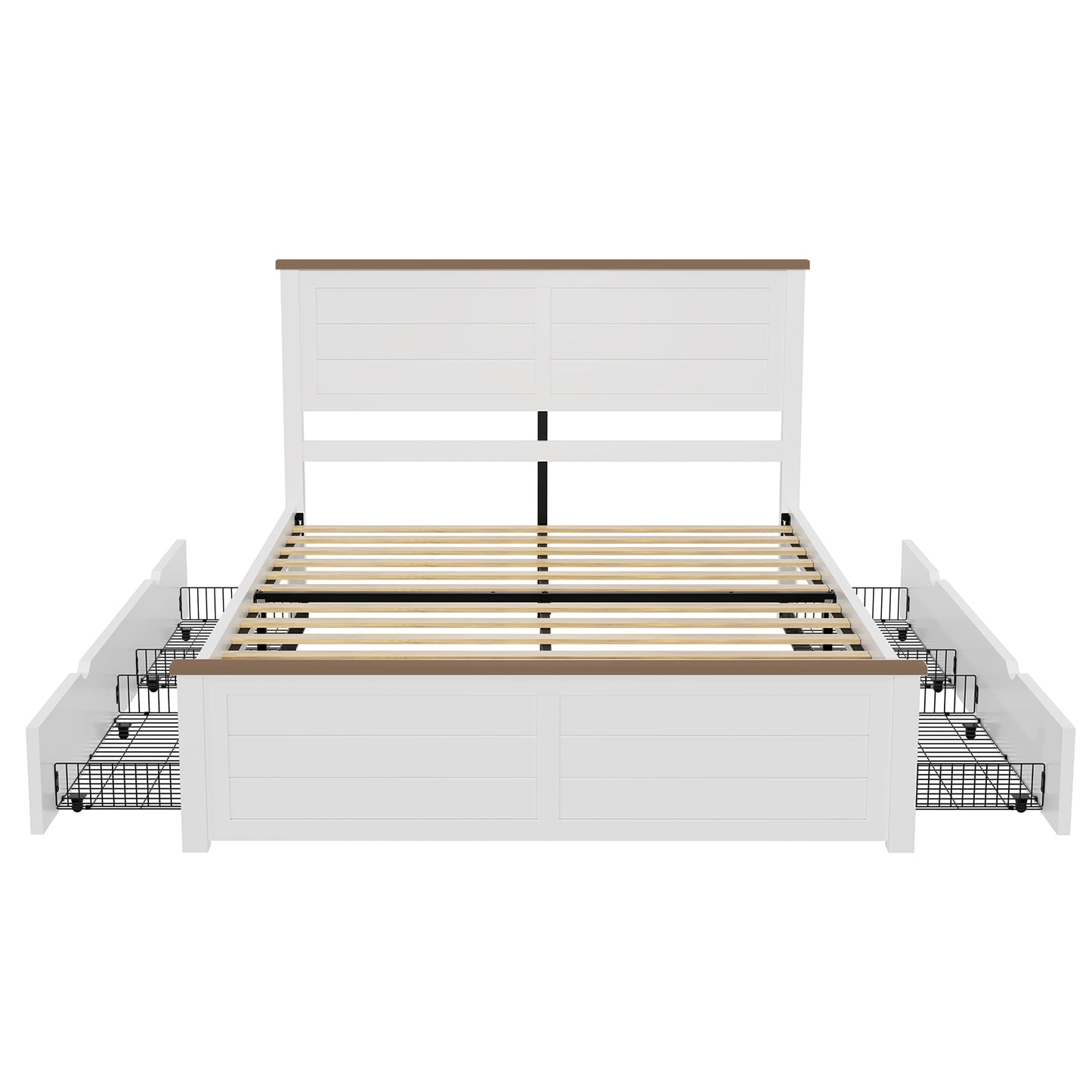 Farmhouse Twin Size Bed Frame with Headboard and 4 Storage Drawers, Solid Wood Barn Door Platform Bed with Wood Slats, Heavy Duty Mattress Foundation, Non-Slip & Noise-Free, Antique White