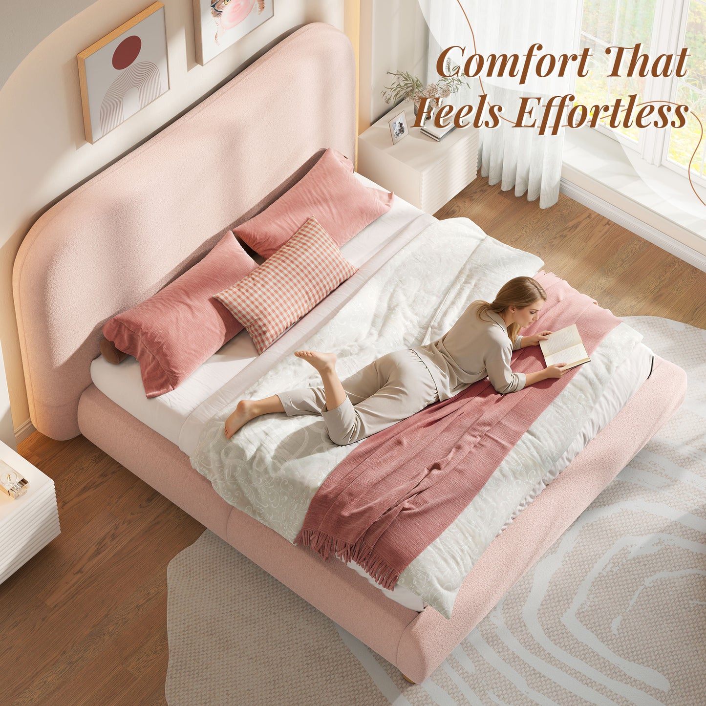 Jocisland Cloud Bed Frame, 7.1" Thick Curved Headboard, Soft Rounded Corners Kid & Pet Safe Design, Modern Upholstered Platform Bed, No Box Spring Needed, Easy Assembly