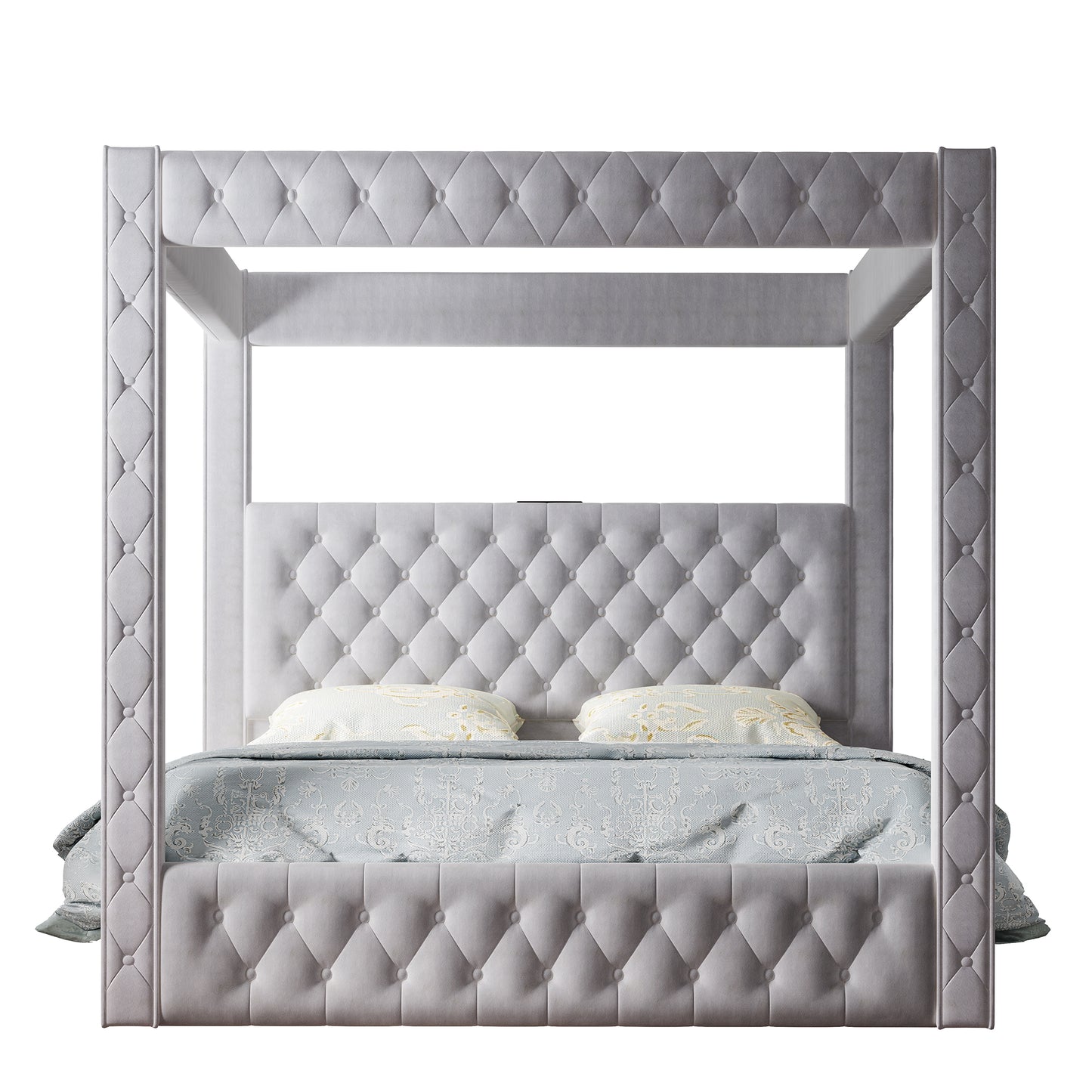 Jocisland Upholstered Canopy Bed Frame with 74.8" Tall Four Poster and Velvet Deep-Tufted Tall Headboard with Charging Station/Modern Luxury Style/No Box Spring Needed