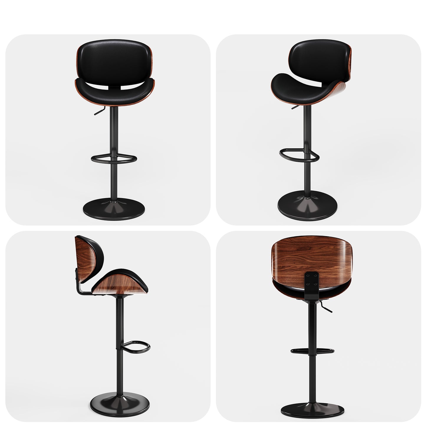 MERLUXY Modern Swivel Bar Stools Set of 4, Adjustable Bentwood Counter Height Barstools 24" to 33", PU Leather Upholstered Bar Chair with Back and Footrest, for Bar, Kitchen Island, Black