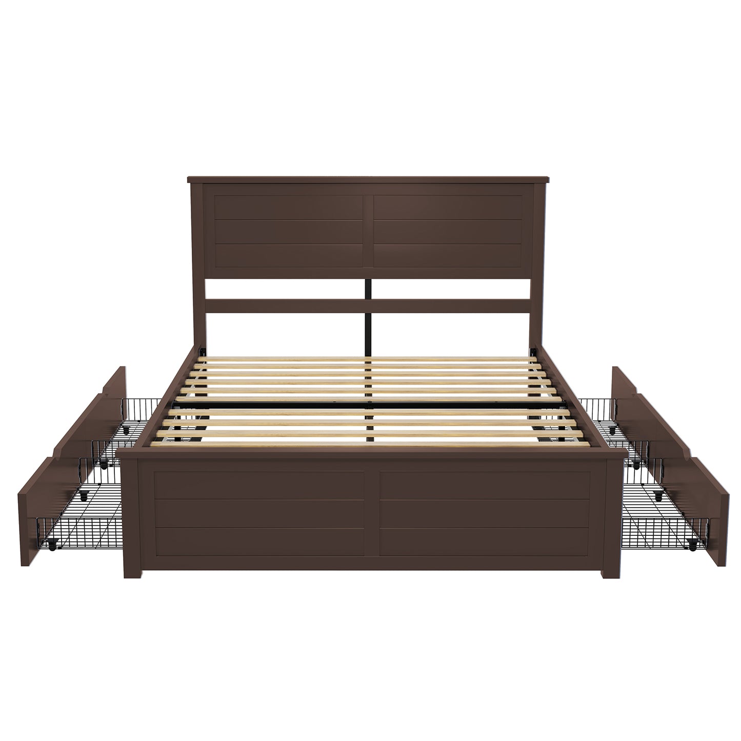 Farmhouse Twin Size Bed Frame with Headboard and 4 Storage Drawers, Solid Wood Barn Door Platform Bed with Wood Slats, Heavy Duty Mattress Foundation, Non-Slip & Noise-Free, Antique White