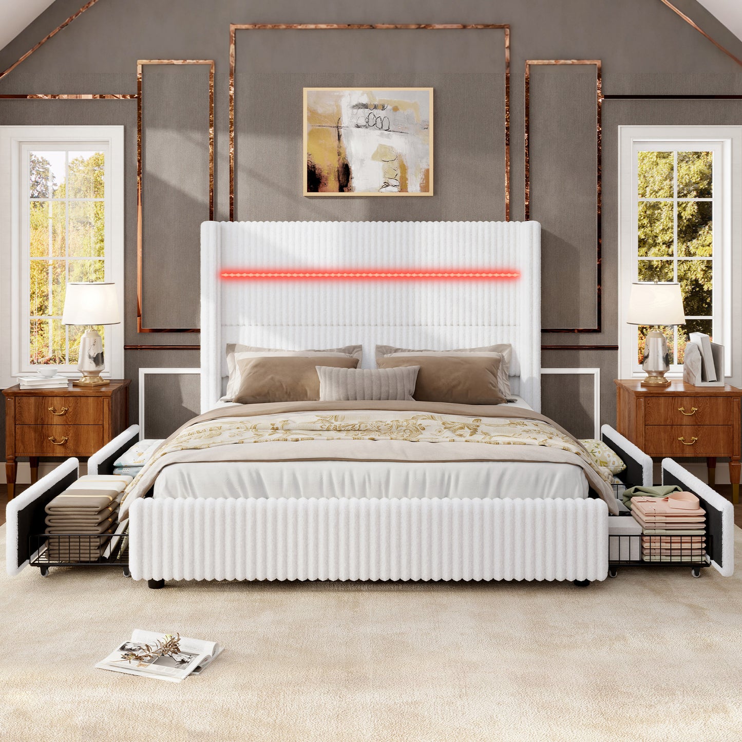 Jocisland Upholstered Corduroy Bed Frame with 4 Storage Drawers, 51.2" Tall Wingback Headboard, LED Lights & Charging Station, Platform Bed No Box Spring Needed, Easy Assembly