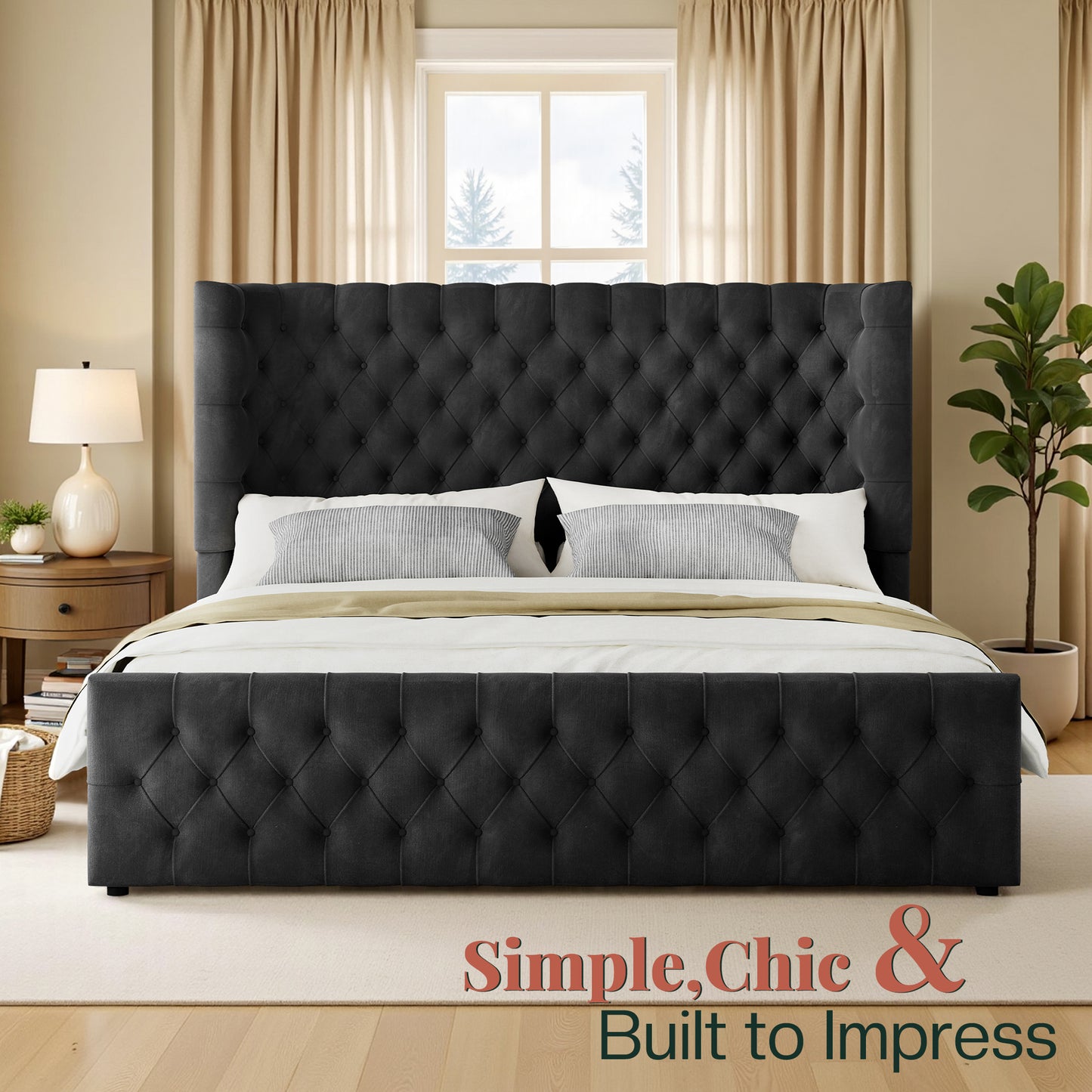 Jocisland Platform Bed Frame, 6.3" Thick Upholstered Curved Wingback Headboard and Footboard with Deep Button Tufted, Easy Assembly, No Box Spring Needed
