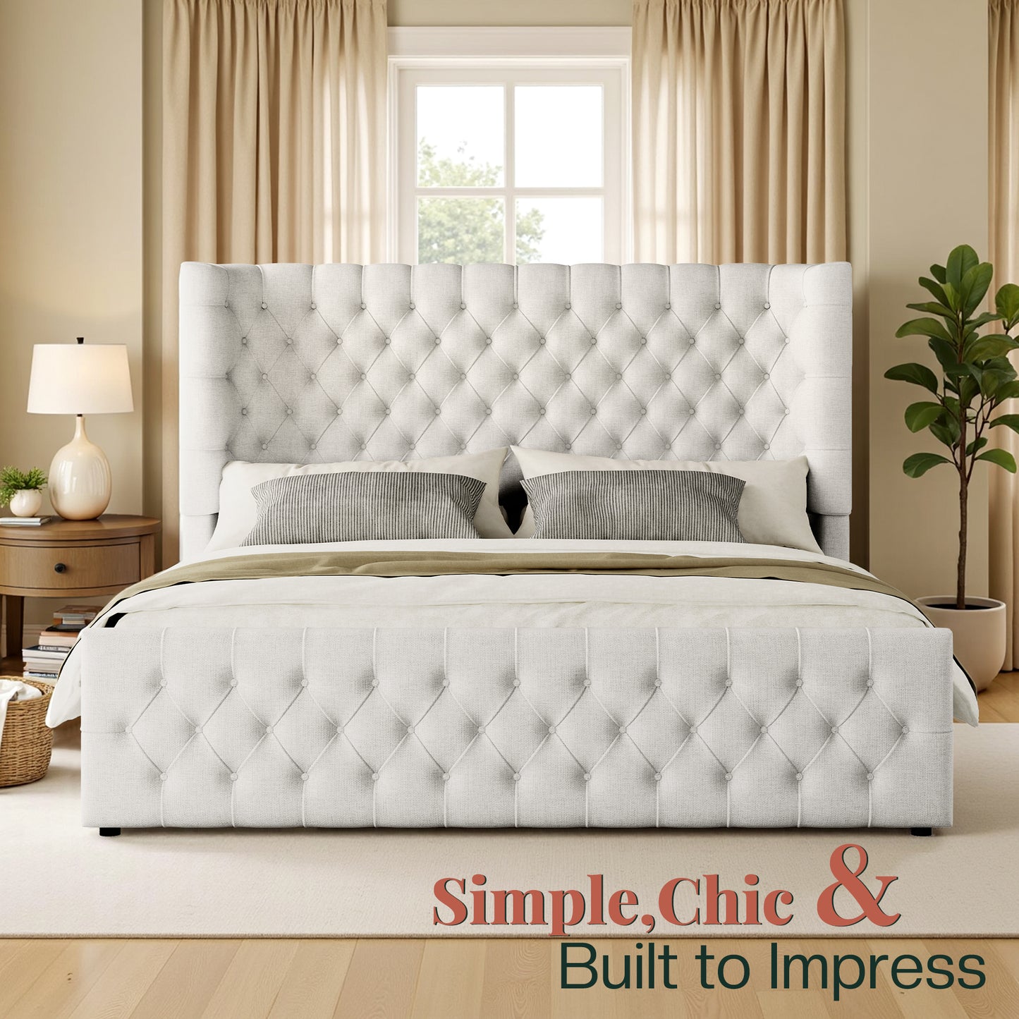 Jocisland Platform Bed Frame, 6.3" Thick Upholstered Curved Wingback Headboard and Footboard with Deep Button Tufted, Easy Assembly, No Box Spring Needed