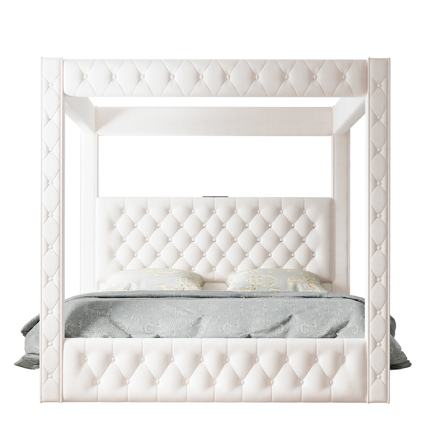 Jocisland Upholstered Canopy Bed Frame with 74.8" Tall Four Poster and Velvet Deep-Tufted Tall Headboard with Charging Station/Modern Luxury Style/No Box Spring Needed