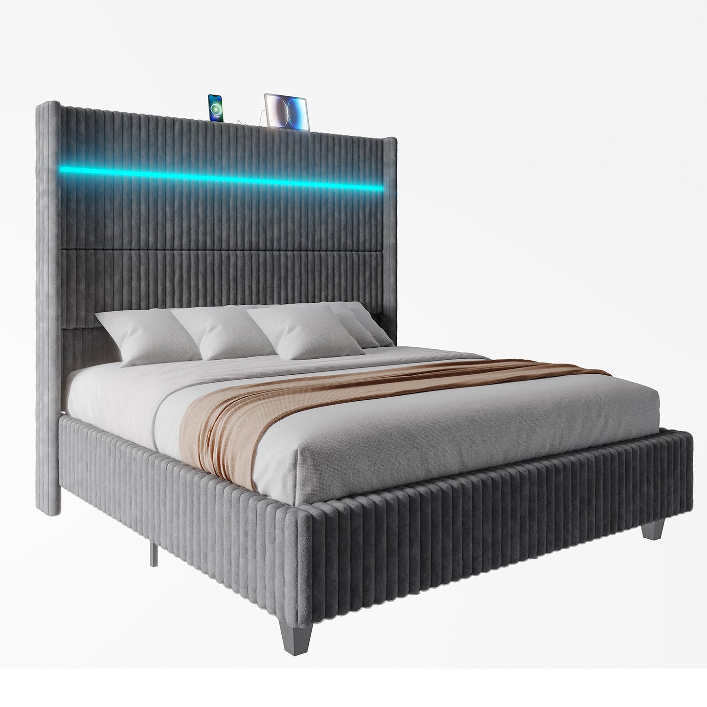 Jocisland 60" Tall King Bed Frame with LED Lights, Corduroy Upholstered Platform Bed Frame with Wingback Headboard and Charging Station/No Box Spring Needed/Grey