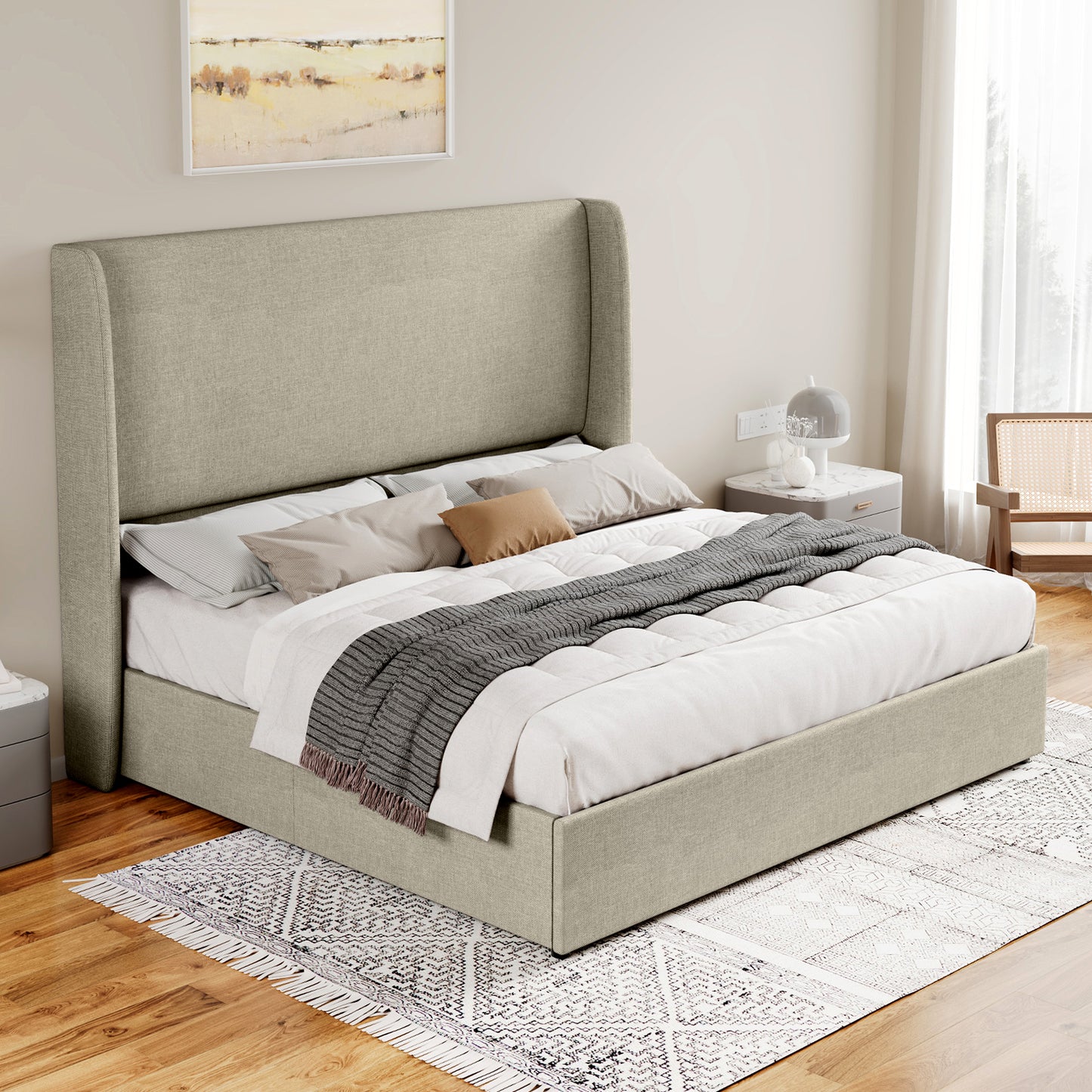 Jocisland Upholstered Platform Bed Frame with Hydraulic Lift Storage, Wingback Headboard, Wood Slats Support, No Box Spring Needed