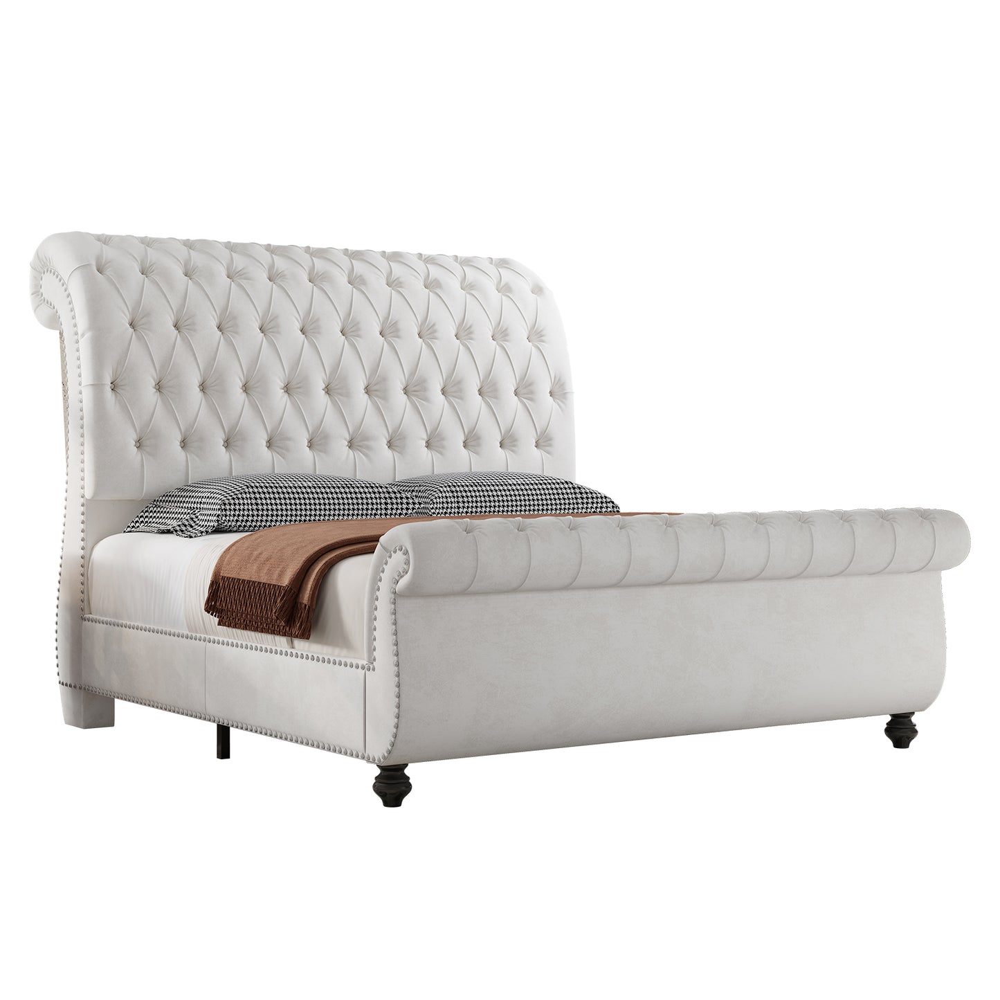 Jocisland Velvet Upholstered Platform Sleigh Bed Frame with Scroll Headboard & Footboard, Button Tufted