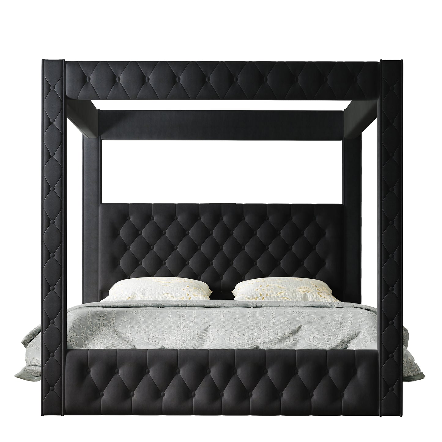 Jocisland Upholstered Canopy Bed Frame with 74.8" Tall Four Poster and Velvet Deep-Tufted Tall Headboard with Charging Station/Modern Luxury Style/No Box Spring Needed