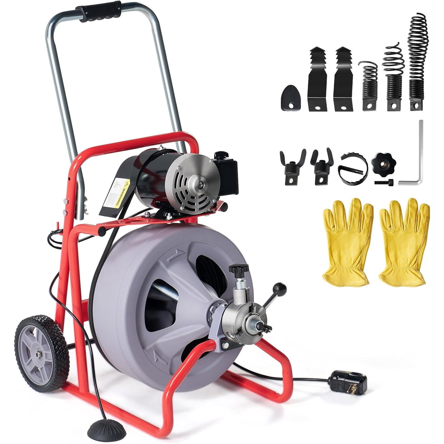 Jocisland Drain Cleaner Machine 75 FT x 3/8 inch, Auto Feed Electric Drain Snake with 9 Cutters & Air-activated Foot Switch for 1 to 4 Inch Pipes, Sewer Snake Auger, Grey/Red