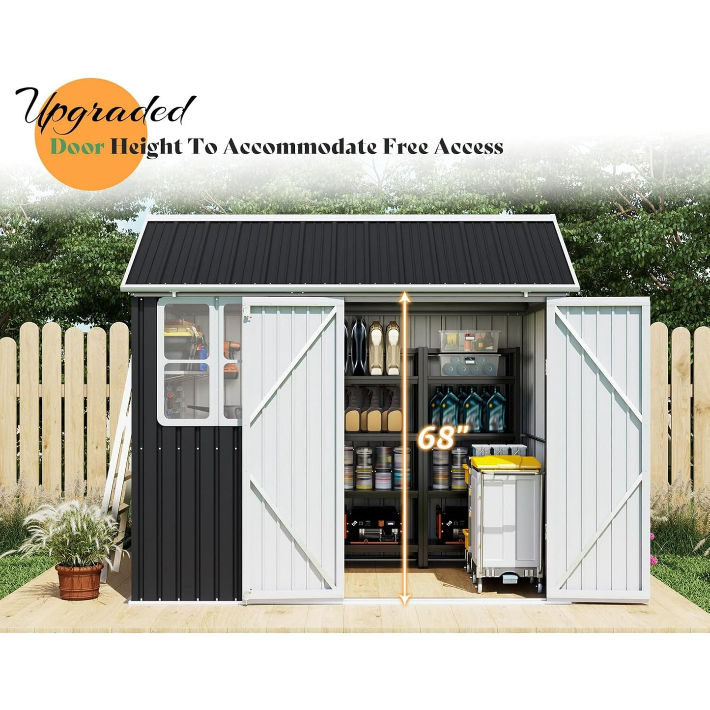 Jocisland 8.6x6x8 FT Outdoor Storage Shed with Lockable Upgraded Vents and Hinged Double Doors, Metal Shed for Backyard, Patio, Garden, Dark Black/White
