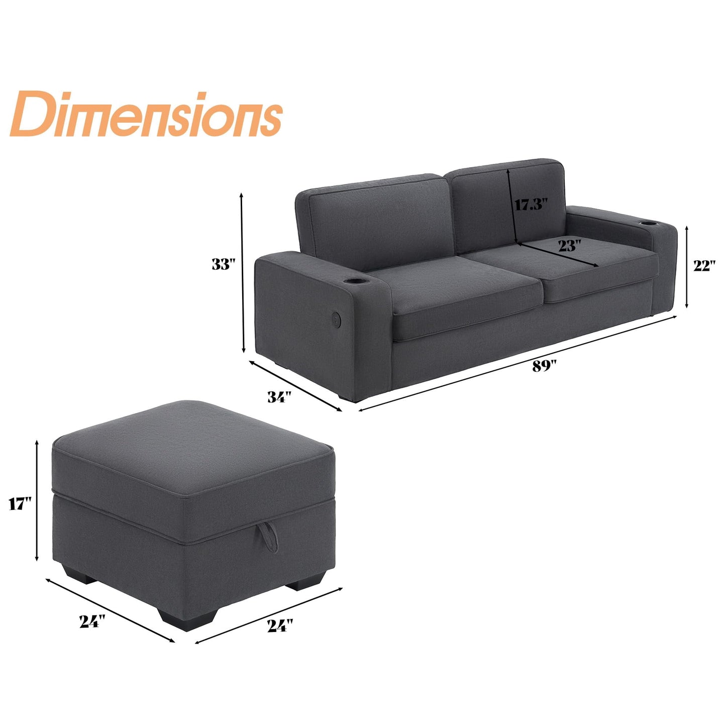 Sofa, 3 Seater Sofa- Deep Seat Sofa with Storage Ottoman, Comfy Couch with Cup Holders & USB Charging Ports, Modern Couch for Living Room(Charcoal Grey Chenille)