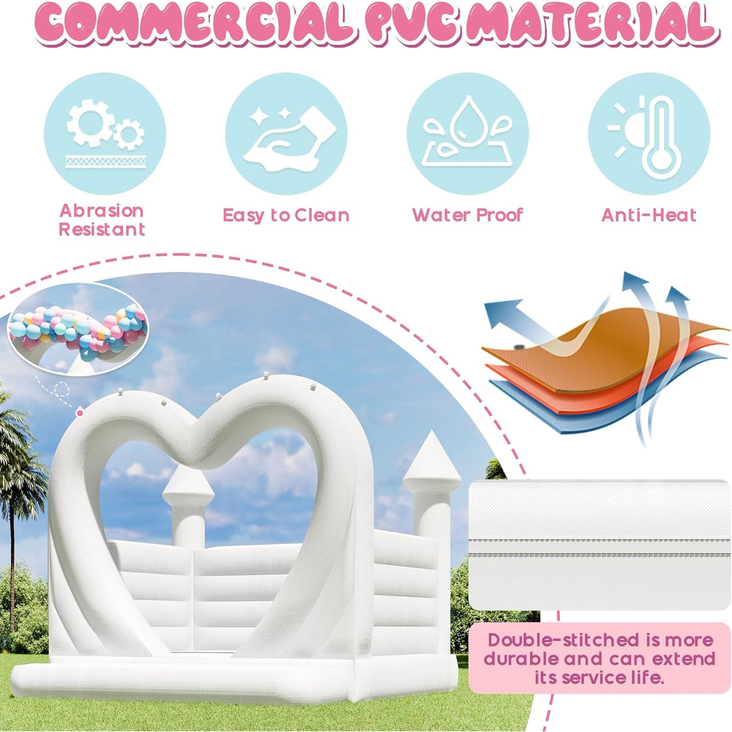 Jocisland Inflatable White Bounce House, 13.1×13.1×9.8FT PVC Inflatable White Castle with 950W Blower, for Wedding and Party Decorations