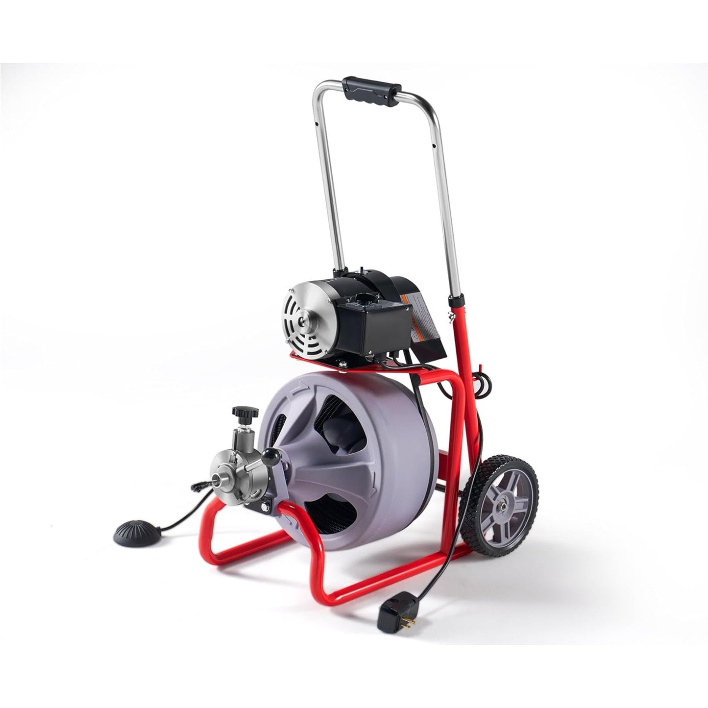 Jocisland Drain Cleaner Machine 75 FT x 3/8 inch, Auto Feed Electric Drain Snake with 9 Cutters & Air-activated Foot Switch for 1 to 4 Inch Pipes, Sewer Snake Auger, Grey/Red