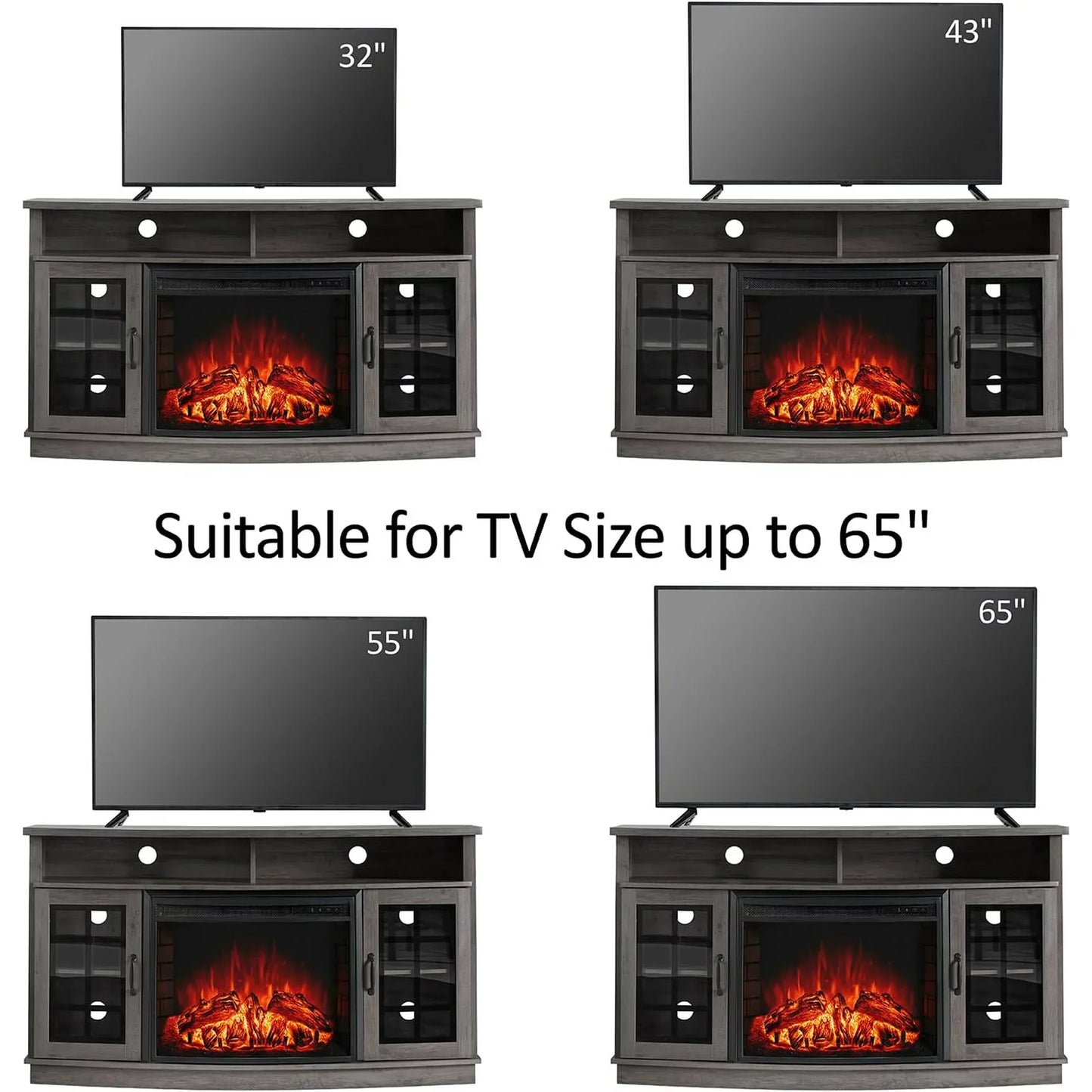 TV Stand with 26" Fireplace, 63" Entertainment Center with Fireplace, Wash Gray