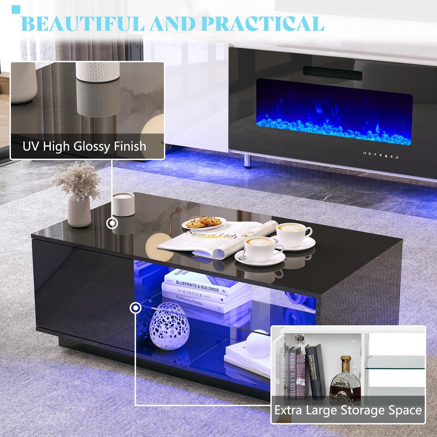 Living Room Table Sets, Fireplace TV Stand LED Lights, Coffee Tables, Black