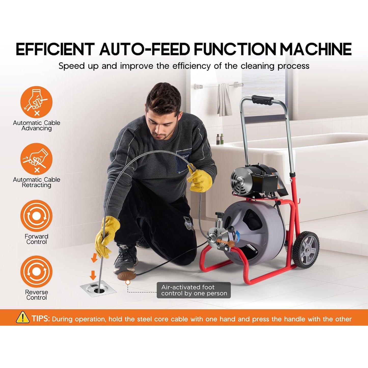 Jocisland Drain Cleaner Machine 75 FT x 3/8 inch, Auto Feed Electric Drain Snake with 9 Cutters & Air-activated Foot Switch for 1 to 4 Inch Pipes, Sewer Snake Auger, Grey/Red