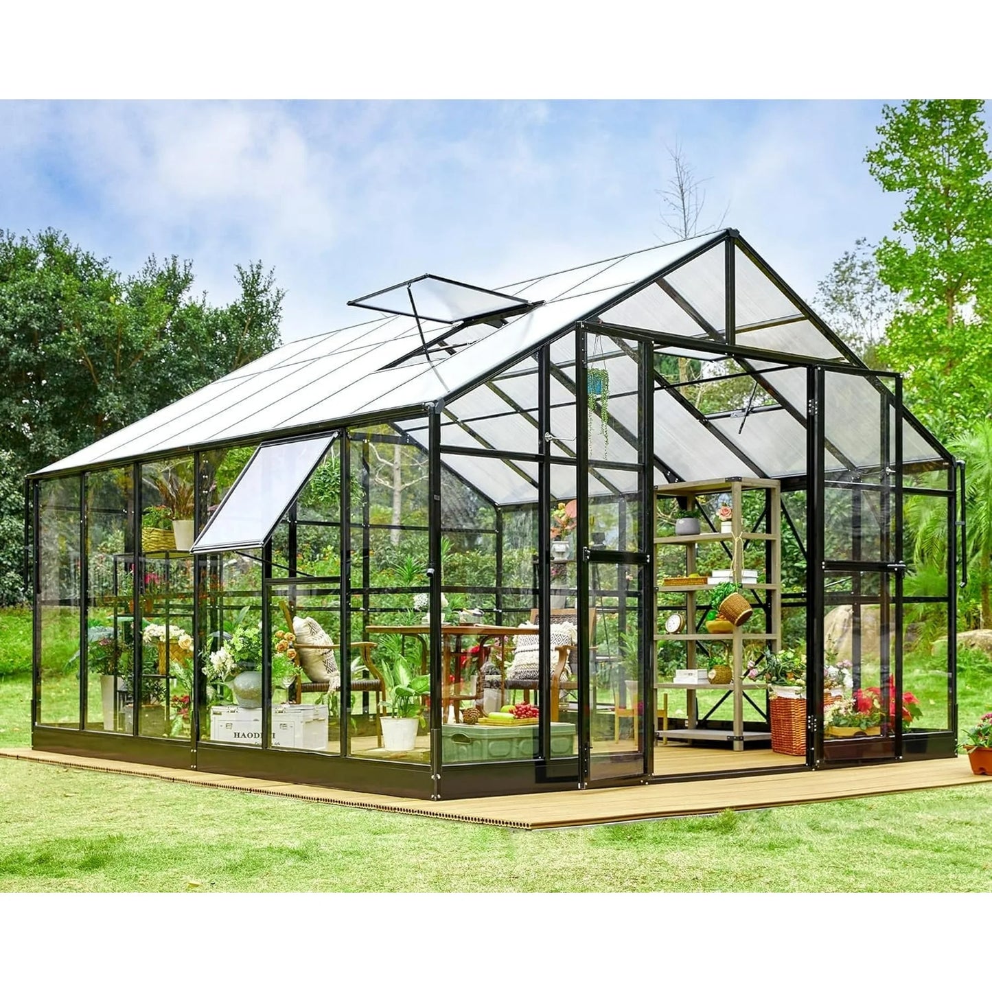 Jocisland 12x13.5x9 ft Polycarbonate Greenhouse with Quick-Connect Fittings for Outdoors, 875 ft² Net Space, Aluminum Frame, Double Doors, Black