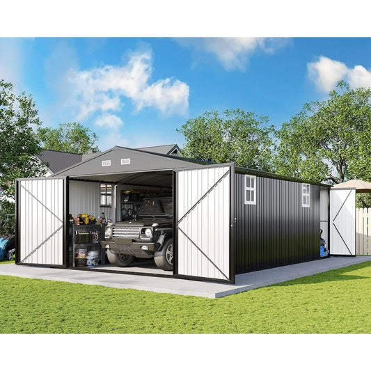 Jocisland 13.2x21x8 FT Outdoor Storage Shed, Huge Metal Garage Shed with 2 Double Hinged Doors and 4 Windows, Carport for Car, Bike, Truck, Garbage Can and Lawnmower, Dark Grey