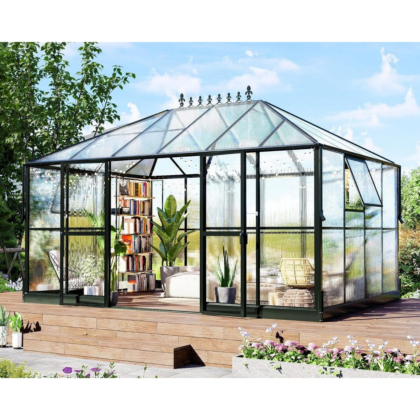 Jocisland 14x9.5x9 FT Polycarbonate Greenhouse Double Swing Doors 2 Vents 6FT Added Wall Height, Walk-in Large Winter Greenhouse Sunroom Aluminum Greenhouse for Outdoors, Black