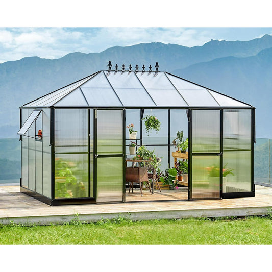 Jocisland 14x9.5x9 ft Polycarbonate Greenhouse Double Swing Doors 2 Vents 6FT Wall Height, Black