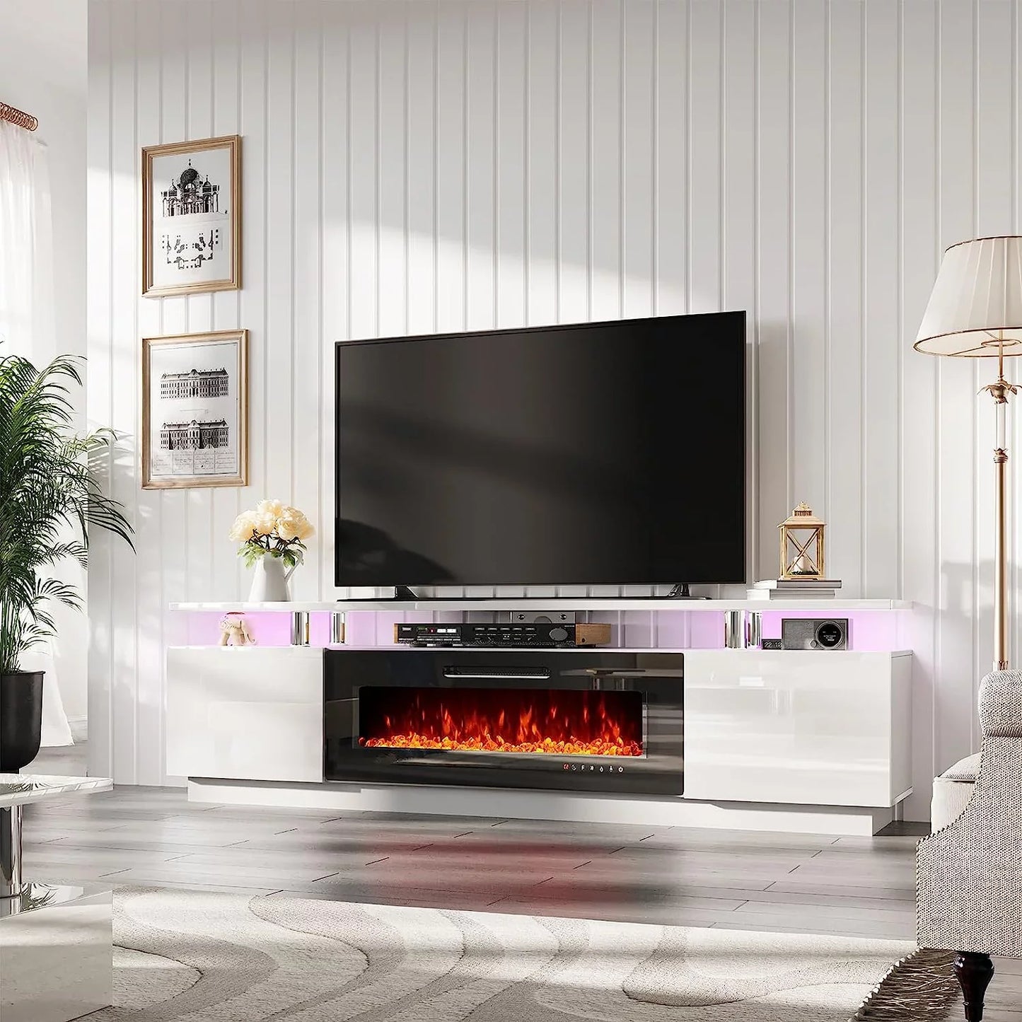 Fireplace TV Stand with 40" Fireplace, 80" Modern High Gloss Fireplace Entertainment Center LED Lights, 2 Tier TV Console Cabinet for TVs Up to 90", Cement Grey