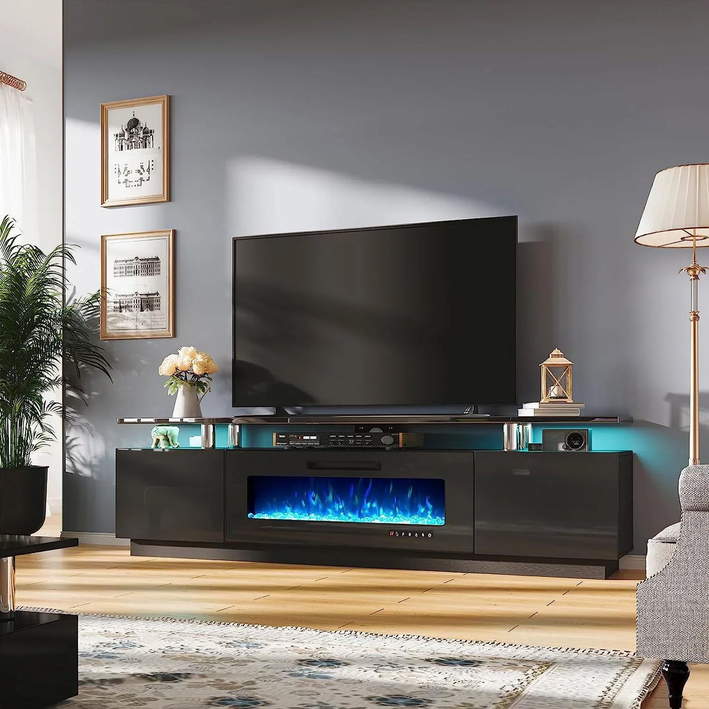 Fireplace TV Stand with 40" Fireplace, 80" Modern High Gloss Fireplace Entertainment Center LED Lights, 2 Tier TV Console Cabinet for TVs Up to 90", Cement Grey