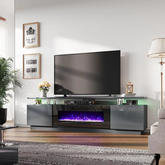 Fireplace TV Stand with 40" Fireplace, 80" Modern High Gloss Fireplace Entertainment Center LED Lights, 2 Tier TV Console Cabinet for TVs Up to 90", Cement Grey