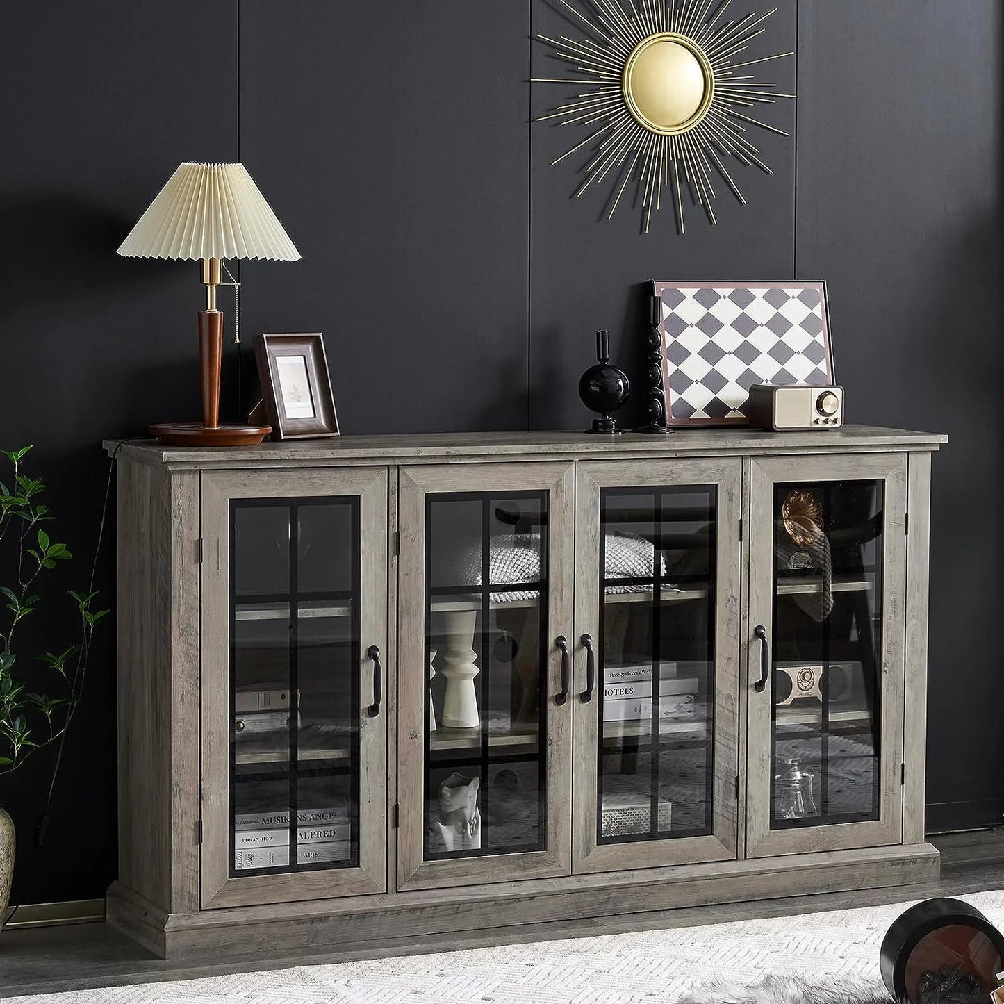 35" Sideboard, 6 Adjustable Shelves, 4 Doors, Washed Grey