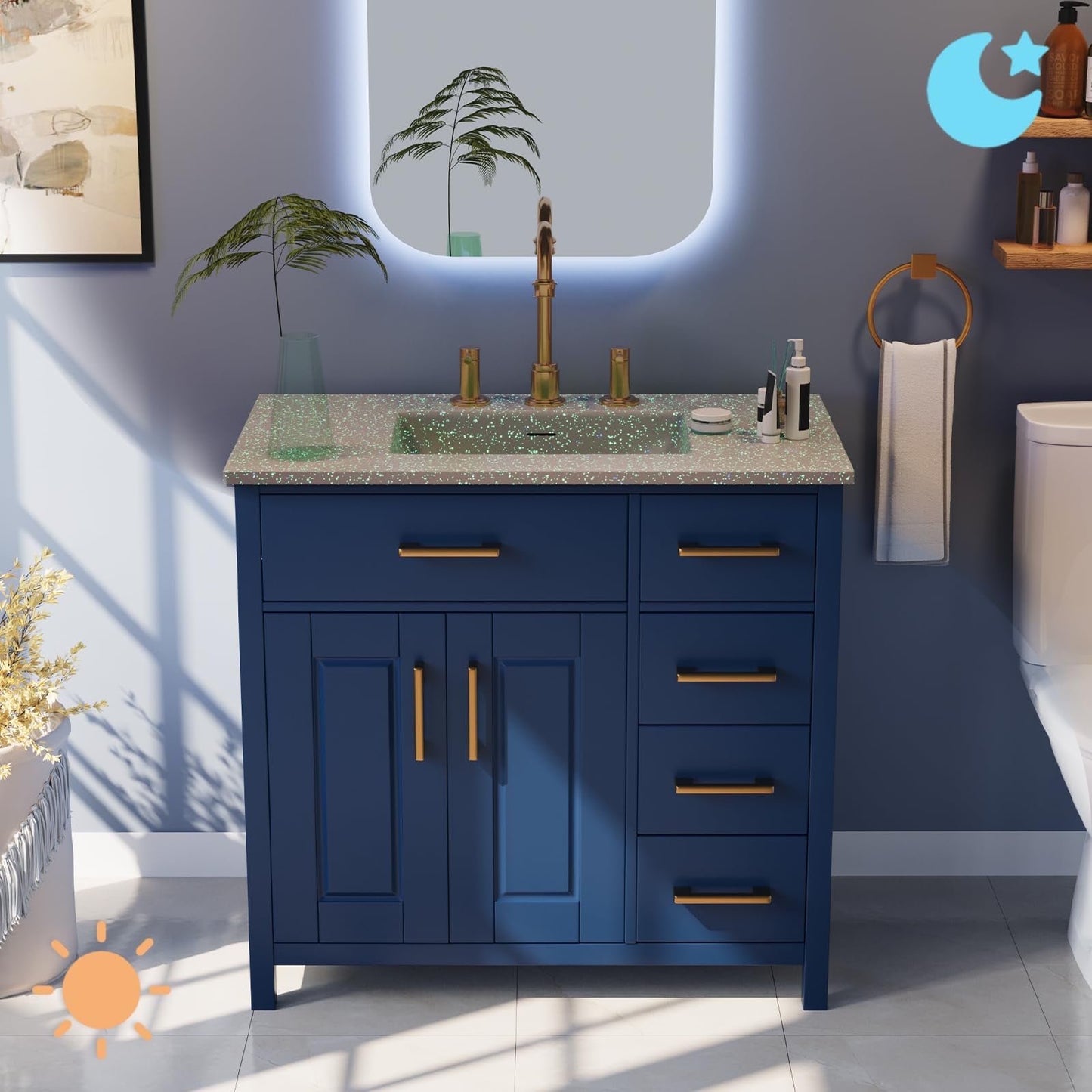 36" Fluorescent Bathroom Vanity with Sink Combo, Noctilucent Modern Small Single Bathroom Cabinet Set, Includes Luminous Countertop & Sink, Soft Closing Doors & Drawers