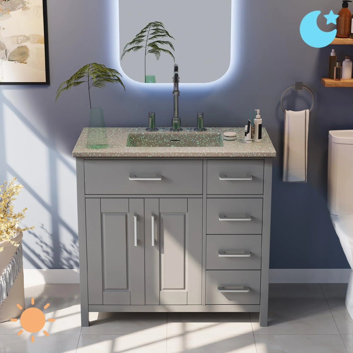 36" Fluorescent Bathroom Vanity with Sink Combo, Noctilucent Modern Small Single Bathroom Cabinet Set, Includes Luminous Countertop & Sink, Soft Closing Doors & Drawers