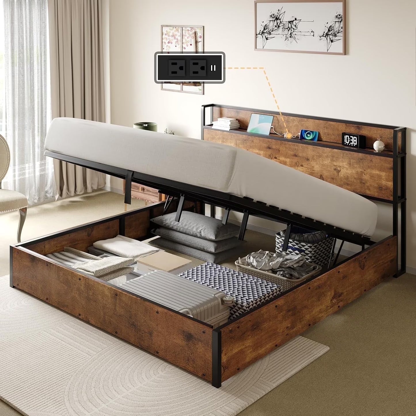 VANACC Lift Up Storage Bed, Storage Headboard & Charging Station