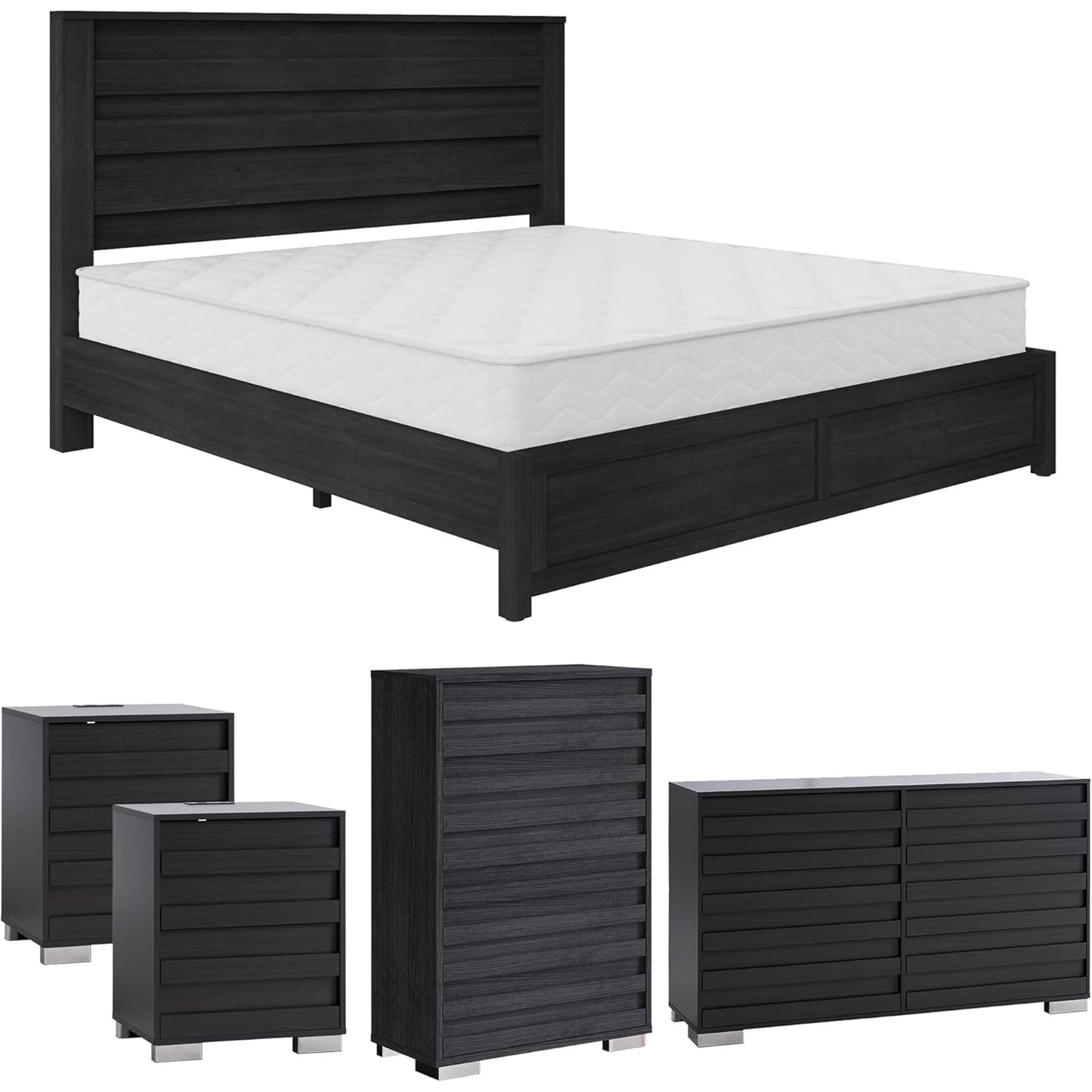 AMERLIFE 5 Piece Farmhouse Bedroom Set, Queen Bed Frame with 49" Fluted Headboard, 54" Wide 6 Drawer Dresser, 47" High 5 Drawer Dresser, 2 Drawer Nightstand with Charging Stand, Black