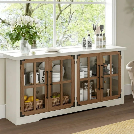 63" Buffet Sideboard Cabinet with Storage, Large Modern Farmhouse Cabinet with 4 Doors