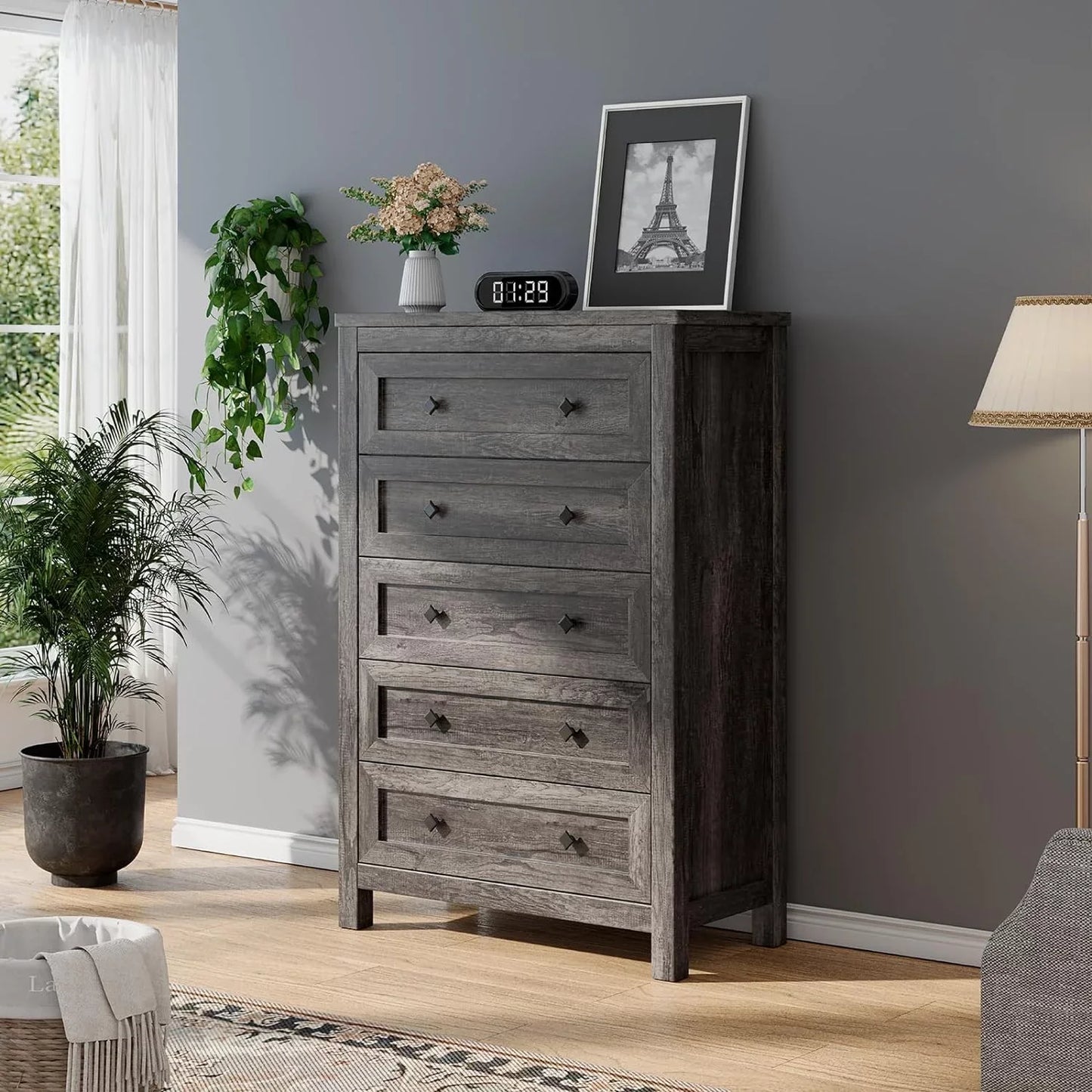 Farmhouse 5 Drawers Dresser, Wood Chest of Drawers for Bedroom, Living Room, Washed Ash