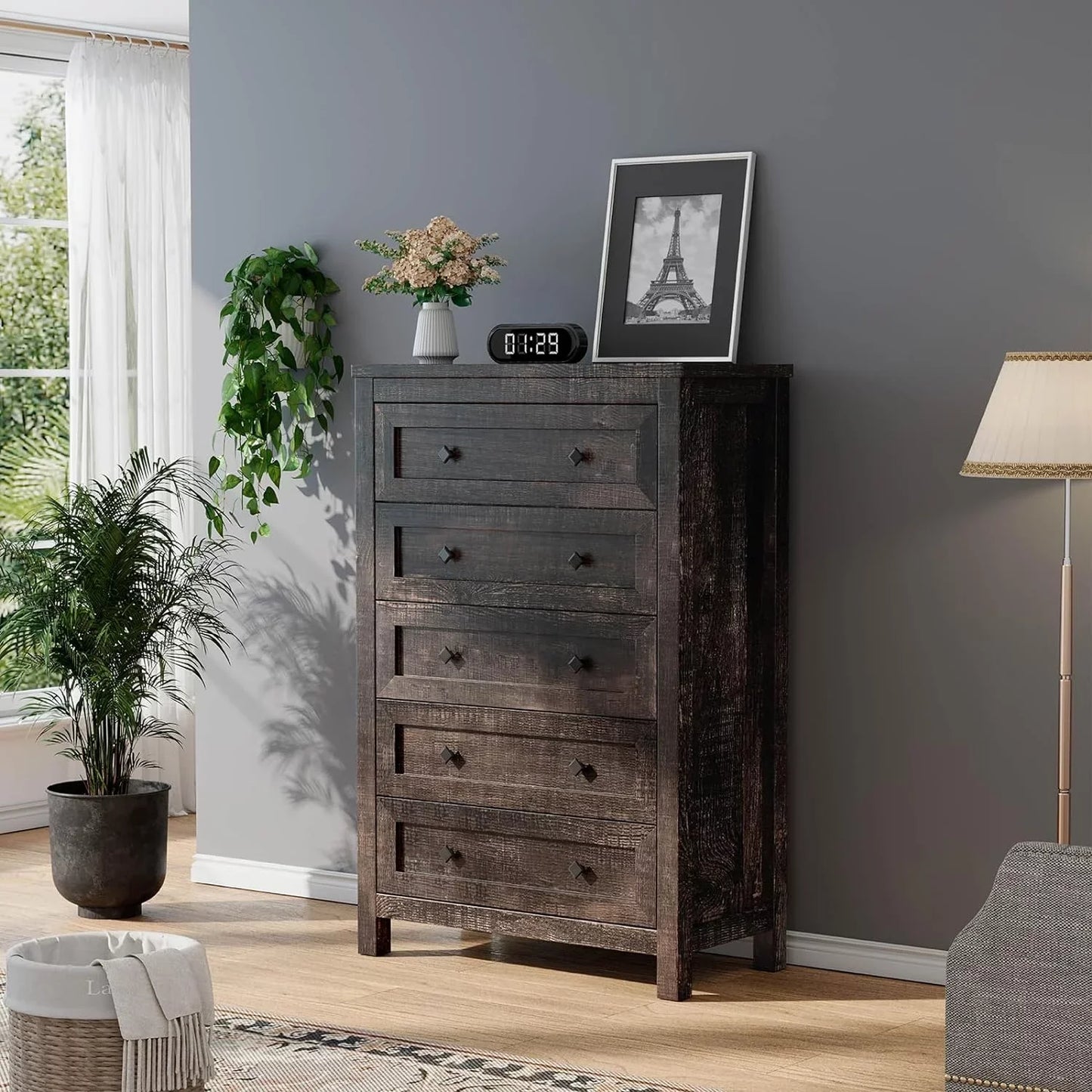 Farmhouse 5 Drawers Dresser, Wood Chest of Drawers for Bedroom, Living Room, Washed Ash