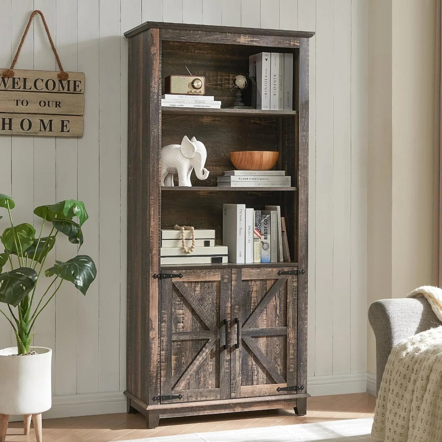 Farmhouse Bookcase with Doors, 5 Shelf Bookshlf Storage Cabine with Adjustable Shelves & Barn Door, Versatile Storage Pantry Cabinet for Bedroom, Living Room, Kitchen, Rustic White