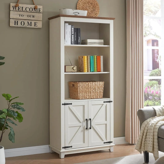 Farmhouse Bookcase with Doors, 5 Shelf Bookshlf Storage Cabine with Adjustable Shelves & Barn Door, Versatile Storage Pantry Cabinet for Bedroom, Living Room, Kitchen, Rustic White