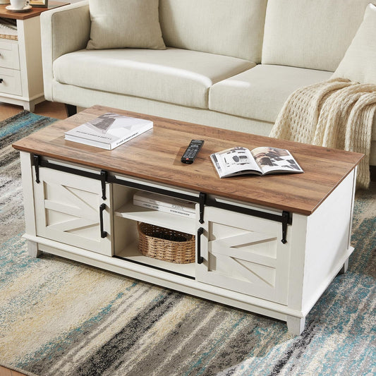 Farmhouse Coffee Table with Storage Sliding Barn Doors, Antique White